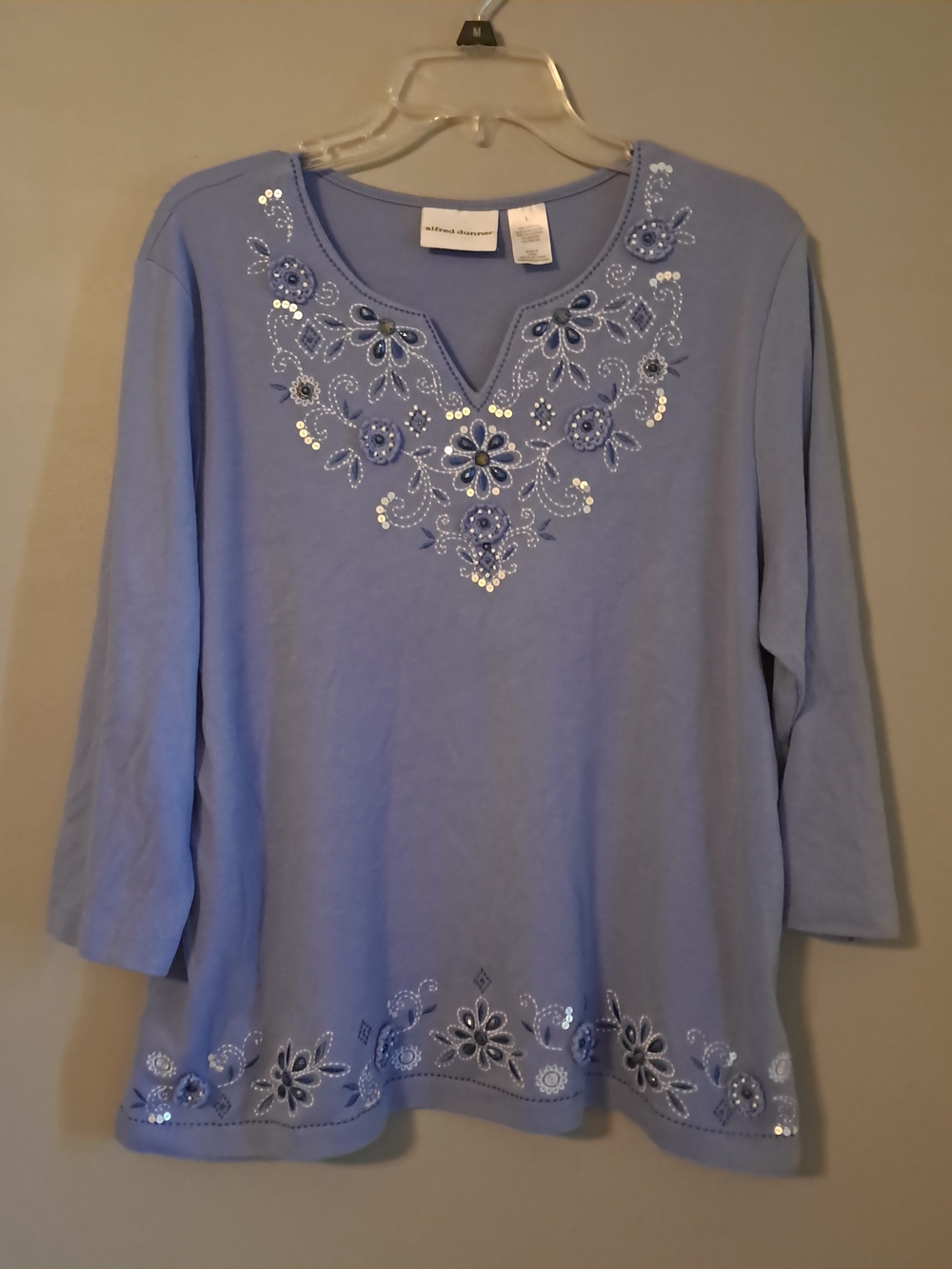 Alfred Dunner Periwinkle Sequin Floral V-Notch Long Sleeve Top